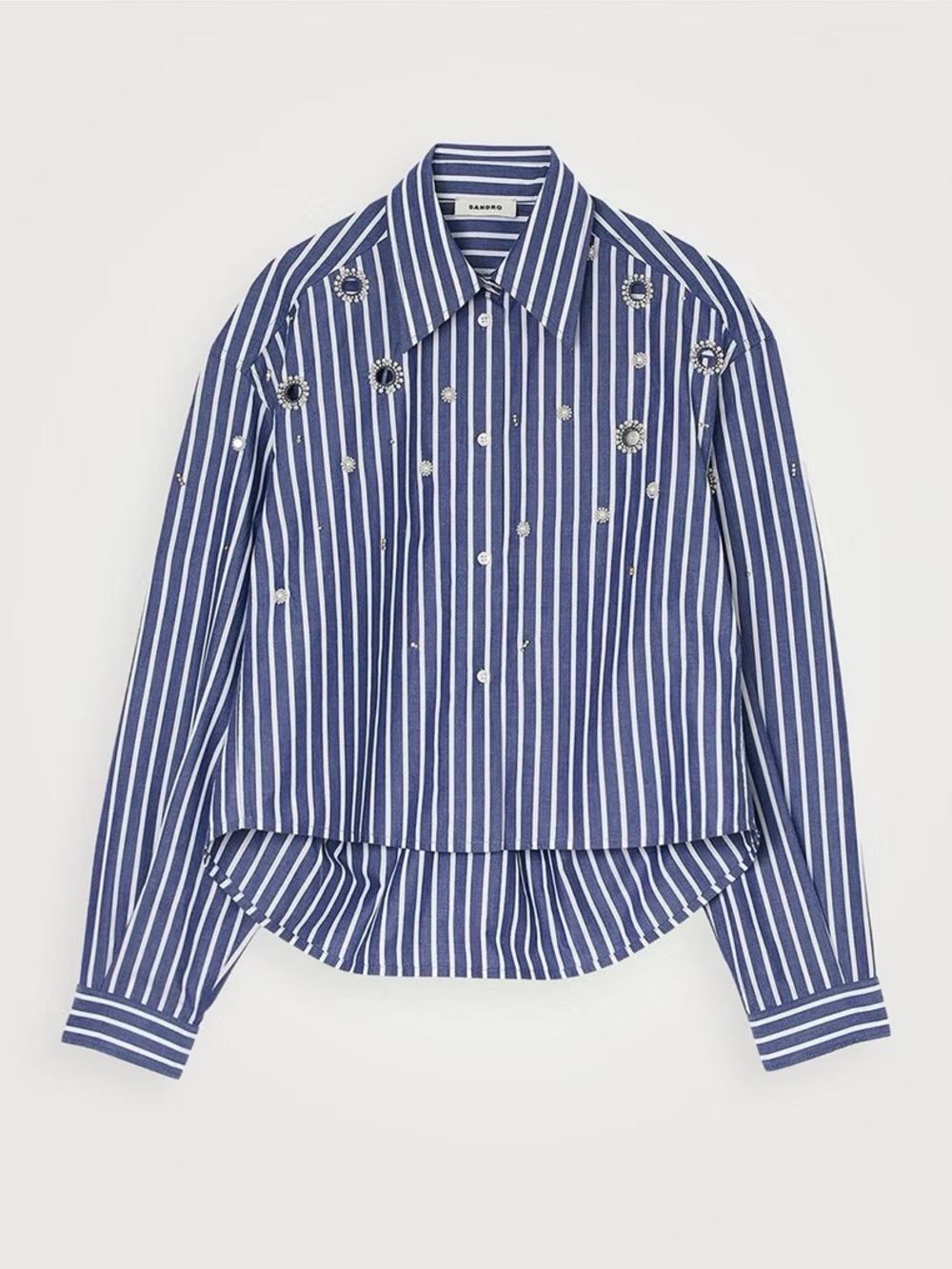 Sandro Navy and White Striped Button-Up Shirt with Embellished Eyelets